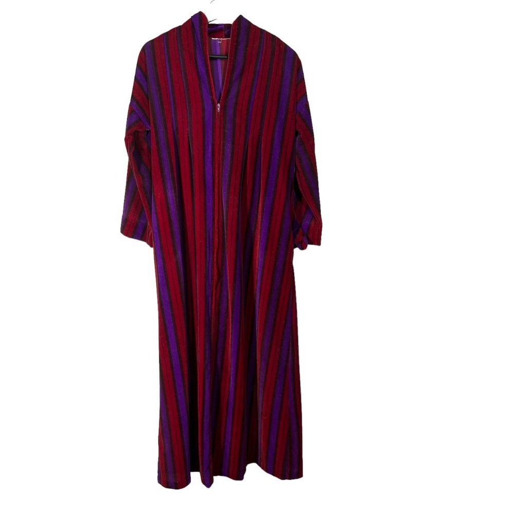 Vintage 60s Red Purple Stripe Long Sleeve Full Length Velour Robe Large
